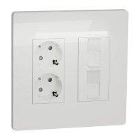 Комплект за работно място, New unica, двоен контакт+двоен RJ45, бял