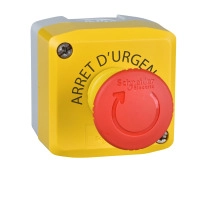 Control station, Harmony XALK, plastic, yellow lid, 1 red mushroom push button 40mm, turn to release, 2NC, marked EMERGENCY STOP