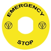 SCHNEIDER ELECTRIC Marked legend, plastic, yellow, 90mm, marked EMERGENCY STOP
