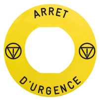 Маркирана легенда, Harmony XB4, Harmony XB5, жълта, 90 mm, за аварийно спиране, маркиран ARRET D`URGENCE/лого ISO13850